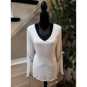 Sioni Blouse Women Medium White V Neck Long Sleeve Sheer Bell Sleeve Top